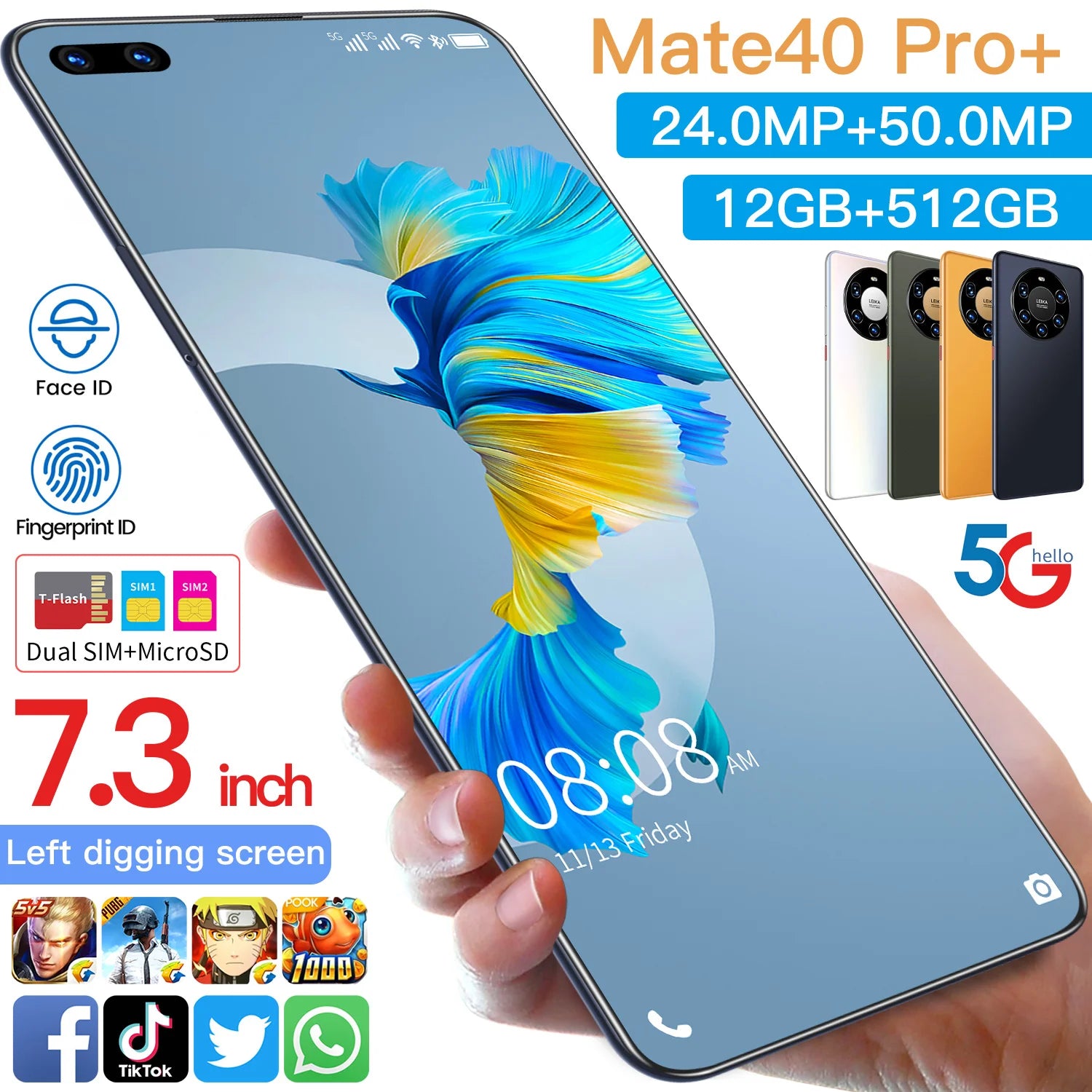 Celular Mate 40 Pro + Mate 60 mais vendido, 12 GB + 512 GB, tela Full HD de 7,3 polegadas, Android 10.0