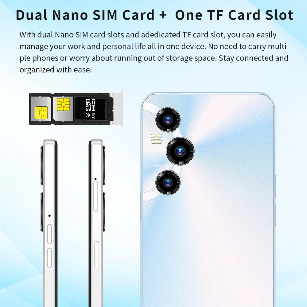 Smartphone 4G/5G com design inovador de 2026, desbloqueado, com tela nítida de 7,3 polegadas, 8GB de RAM + 256GB de armazenamento, Android 13, processador  octa-core e tecnologia GSM.