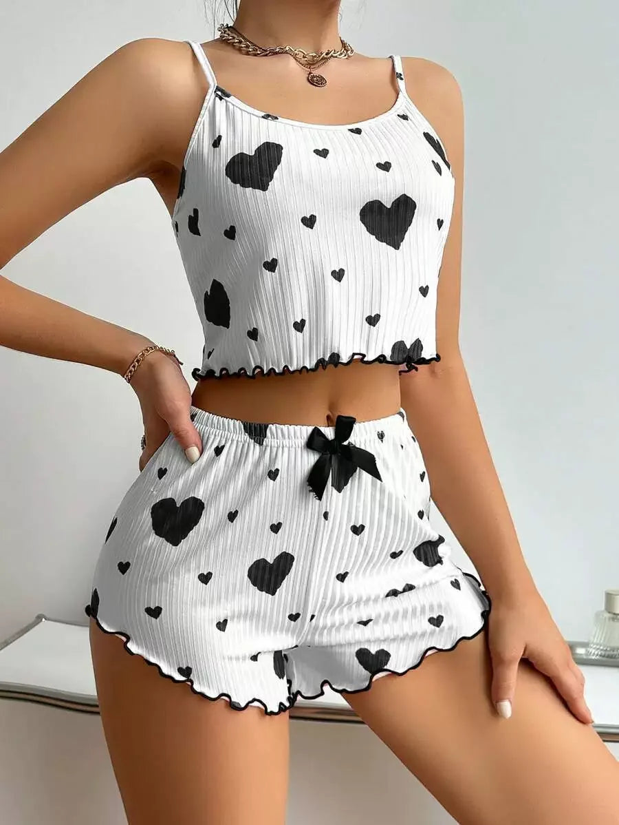 Conjunto de pijamas femininos pijamas 2 peças regata curta e shorts s m l branco ventilar macio casual amor impressão