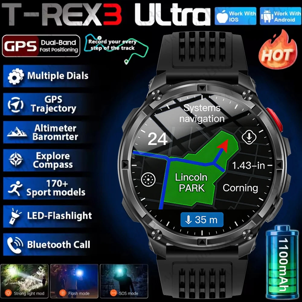2026 novo T-Rex3 pro 1100mah bateria relógio inteligente gps caminho 5atm à prova dwaterproof água esportes run rastreador ao ar livre bússola militar smartwatch