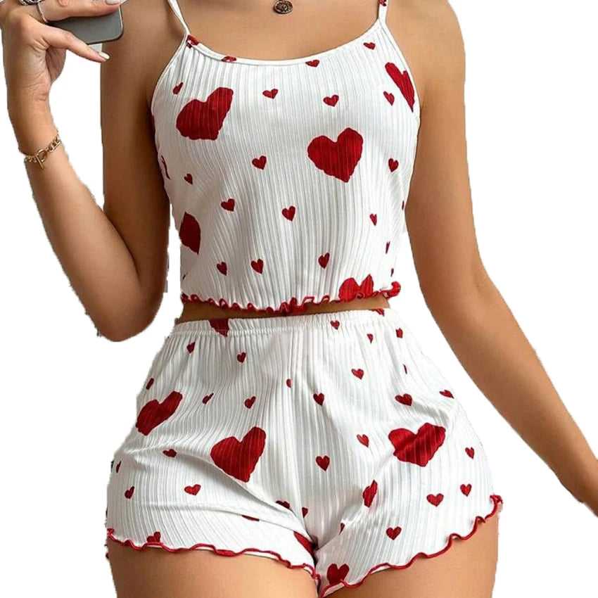 Conjunto de pijamas femininos pijamas 2 peças regata curta e shorts s m l branco ventilar macio casual amor impressão