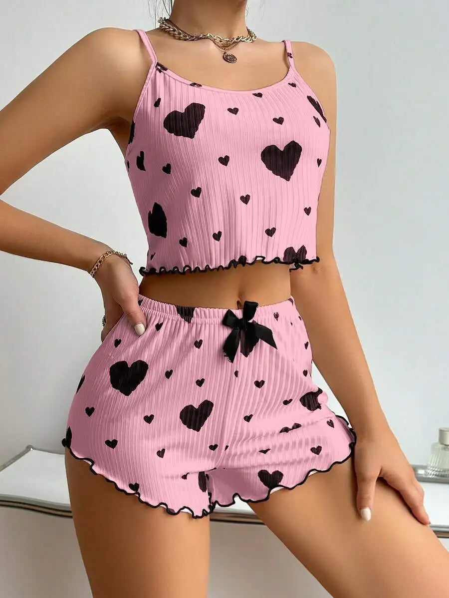 Conjunto de pijamas femininos pijamas 2 peças regata curta e shorts s m l branco ventilar macio casual amor impressão